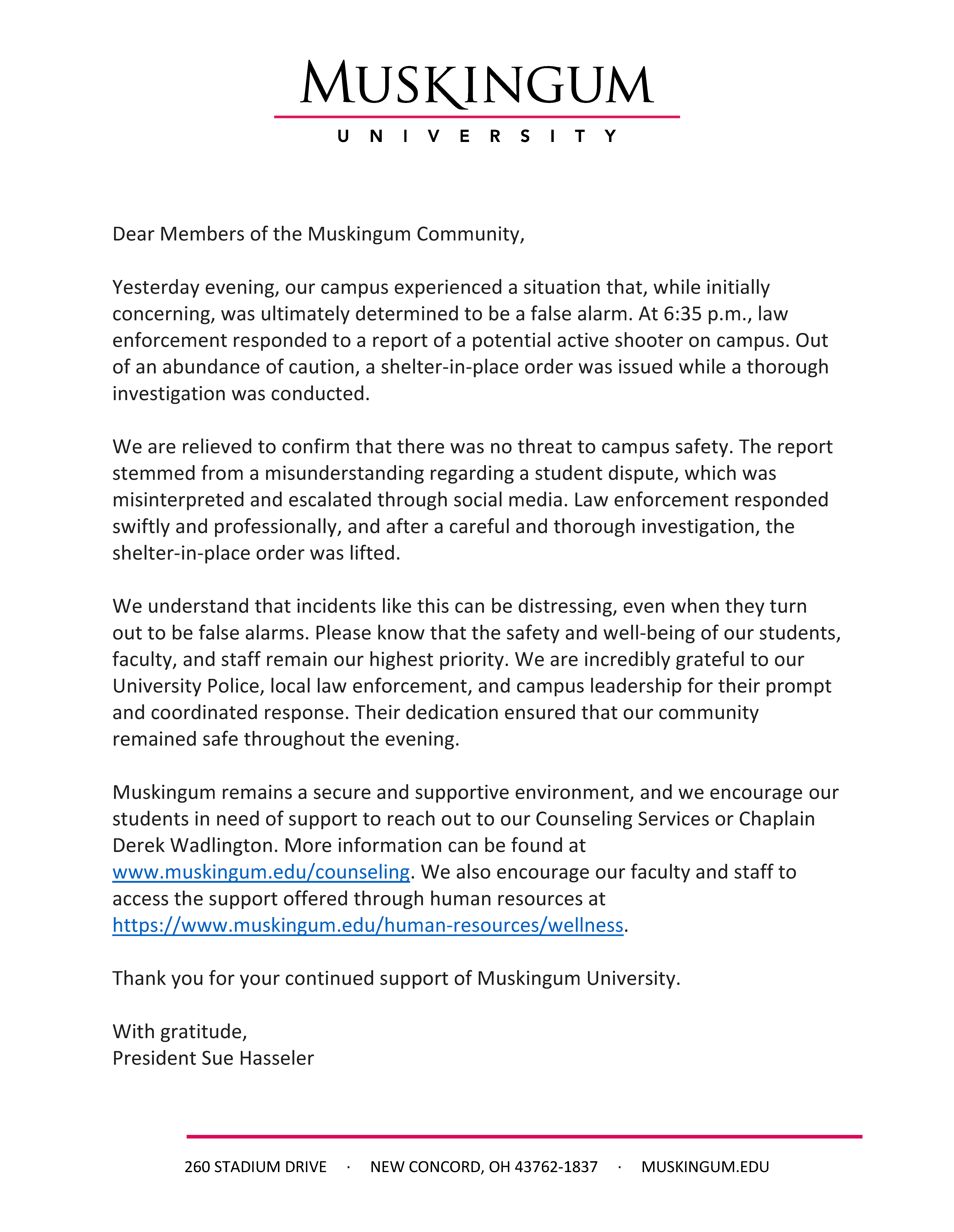 Message from President Hasseler to the Community